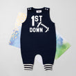 Load image into Gallery viewer, 1st Down Football Personalized Striped Cuff Romper