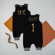 Load image into Gallery viewer, Minimalist Gold "ONE" First Birthday Romper with Striped Cuff