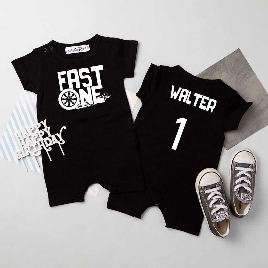 "FAST ONE" Tire Track Racecar Themed First Birthday Personalized Romper with Shorts