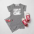 Load image into Gallery viewer, "FAST ONE" Tire Track Racecar Themed First Birthday Personalized Romper with Shorts