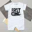 Load image into Gallery viewer, "FAST ONE" Tire Track Racecar Themed First Birthday Personalized Romper with Shorts
