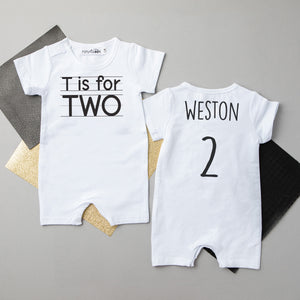 "T is for Two" Shorts Slim Fit 2nd Birthday Romper