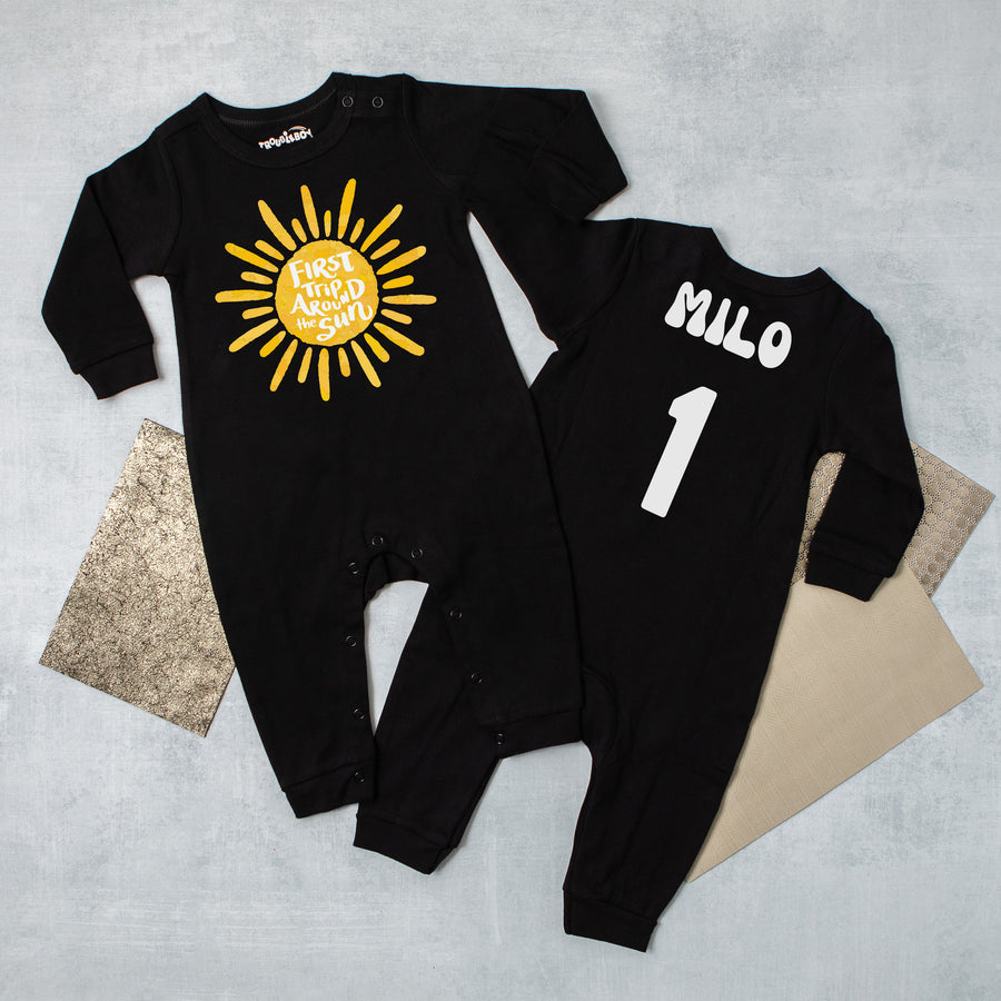"First Trip Around the Sun" First Birthday Long Sleeve Romper