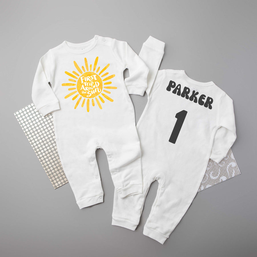 "First Trip Around the Sun" First Birthday Long Sleeve Romper