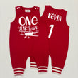Load image into Gallery viewer, "One Year Has Flown By" Airplane First Birthday Romper with Striped Cuff