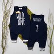 Load image into Gallery viewer, Wild One First Birthday Romper with Striped Cuff
