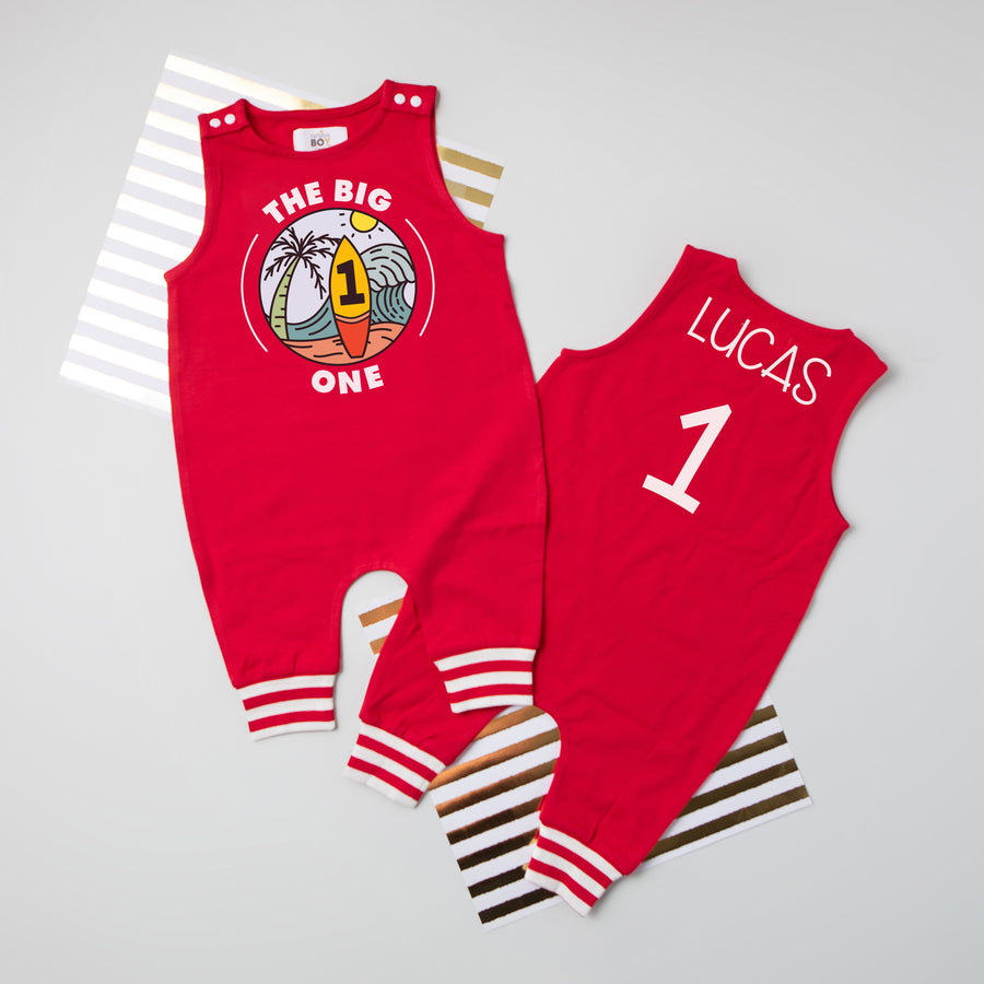"The Big One" Surf-themed Personalized 1st Birthday Romper with Striped Cuff