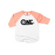 Load image into Gallery viewer, "ONE Tire Tracks" Racecar Themed Personalized 1st Birthday Raglan