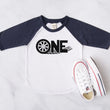 Load image into Gallery viewer, "ONE Tire Tracks" Racecar Themed Personalized 1st Birthday Raglan