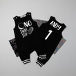 Load image into Gallery viewer, One Small Step Space Themed Striped Cuff Romper
