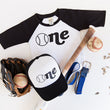 Load image into Gallery viewer, "ONE" Baseball First Birthday Raglan with Hat