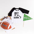 Load image into Gallery viewer, 1st Down, 1st Birthday Personalized Football Tshirt, Boys Football First Birthday, Football Themed 1st Birthday, 1st Year Down Birthday, 1st Birthday Raglan.