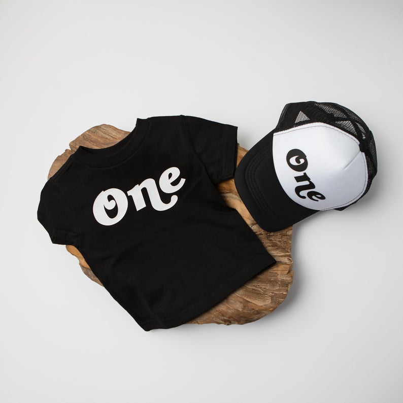 "One" 1st Birthday Personalized Outfit | Retro T-Shirt & Trucker Hat