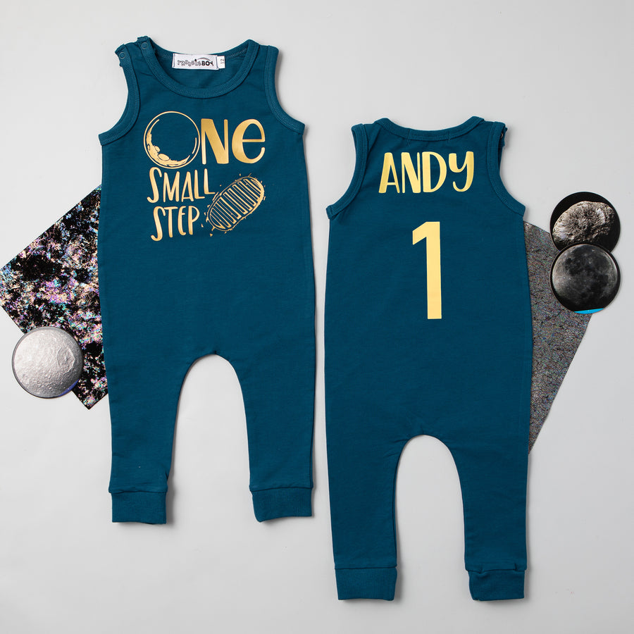 Aegean Blue "One Small Step" Slim Fit First Birthday Romper with Gold Writing