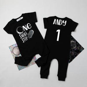 Gray "One Small Step" Slim Fit Space Themed 1st Birthday Romper