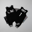 Load image into Gallery viewer, Black "One" Space Themed First Birthday Romper with Striped Cuff