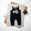 Load image into Gallery viewer, "The One" 1st Birthday Personalized Outfit | Retro Ringed Romper & Trucker Hat