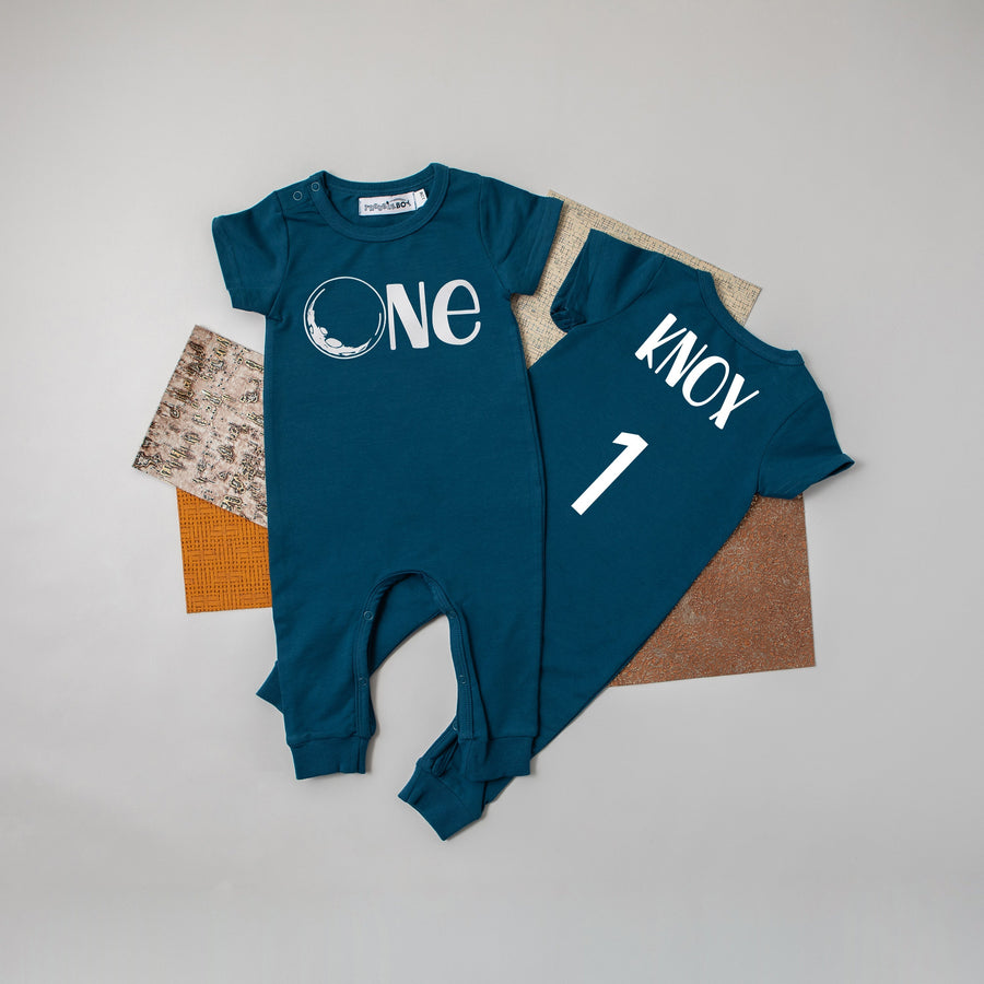 Gray "One" Moon Slim Fit Space Themed 1st Birthday Romper