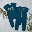 Load image into Gallery viewer, Aegean Blue "ONE" Slim Fit First Birthday Romper with Gold Writing