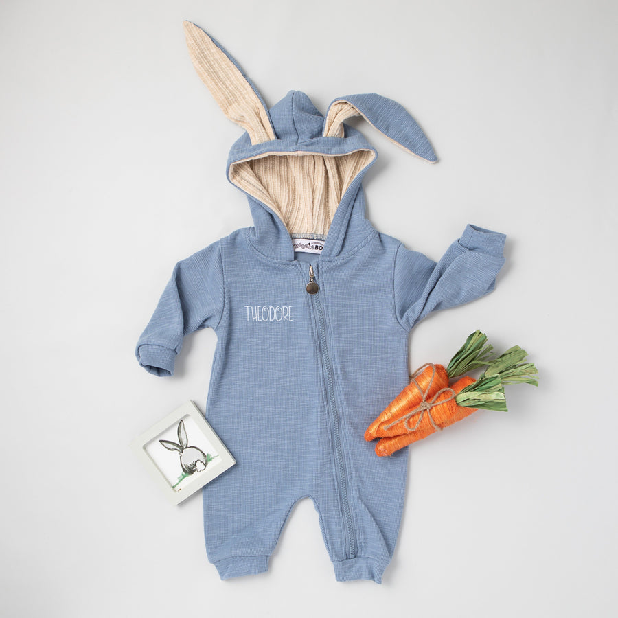 Blue Personalized Embroidered Easter Romper with Bunny Ears