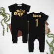 Load image into Gallery viewer, Aegean Blue "Wild One" Retro Slim Fit First Birthday Romper with Gold Writing