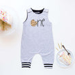 Load image into Gallery viewer, Gray Cookie First Birthday Romper with Striped Cuff