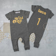 Load image into Gallery viewer, Aegean Blue "Wild One" Retro Slim Fit First Birthday Romper with Gold Writing