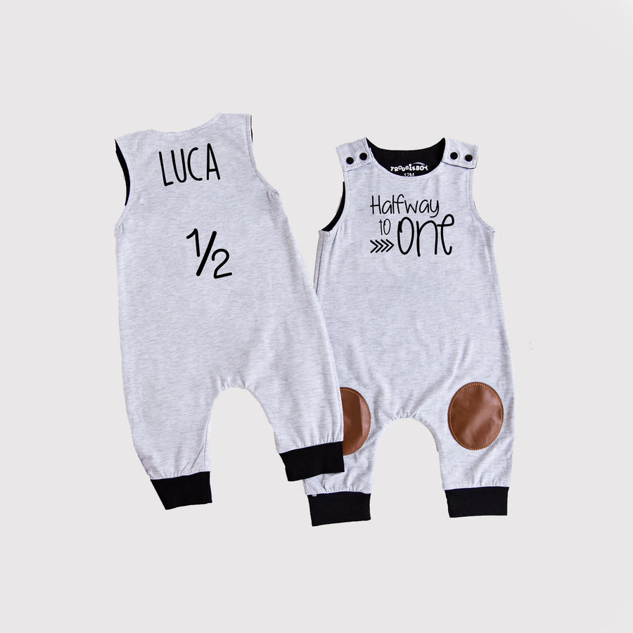 "Halfway to One" 1/2 Birthday Romper with Knee Patches