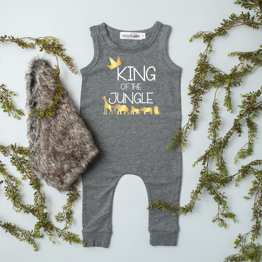 Gray "King of the Jungle" Jungle Slim Fit First Birthday Romper