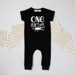 Load image into Gallery viewer, Black "One Year Has Flown By" Airplane Slim Fit 1st Birthday Romper
