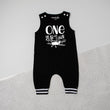 Load image into Gallery viewer, "One Year Has Flown By" Airplane First Birthday Romper with Striped Cuff