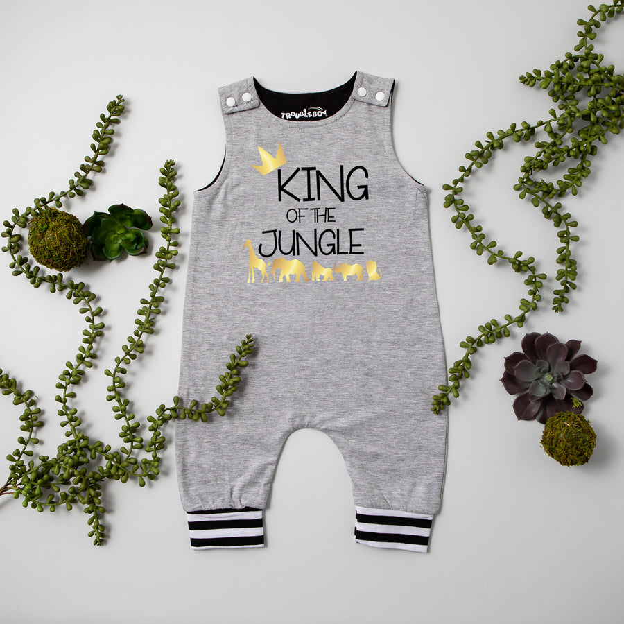 Gray "King of the Jungle" Jungle Themed Romper with Striped Cuff