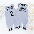 Load image into Gallery viewer, Gray "Two Fly" Airplane Themed Birthday Romper with Striped Cuff