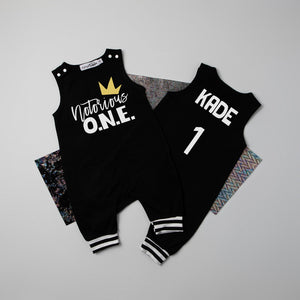 "Notorious One" Hip Hop First Birthday Personalized Romper with Striped Cuff