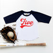 Load image into Gallery viewer, "Five" Red Design 5th Birthday Baseball Raglan