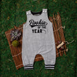 Load image into Gallery viewer, Gray "Rookie of the Year" First Birthday Romper with Striped Cuff