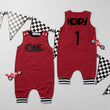 Load image into Gallery viewer, "One" Racecar Themed Birthday Romper with Striped Cuff