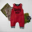 Load image into Gallery viewer, Gray "Rookie of the Year" First Birthday Romper with Striped Cuff