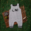 Load image into Gallery viewer, Gray "One" Space Themed First Birthday Romper with Striped Cuff