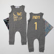 Load image into Gallery viewer, Aegean Blue "One Small Step" Slim Fit First Birthday Romper with Gold Writing