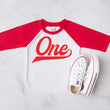 Load image into Gallery viewer, "One" Red Logo 1st Birthday Baseball Raglan