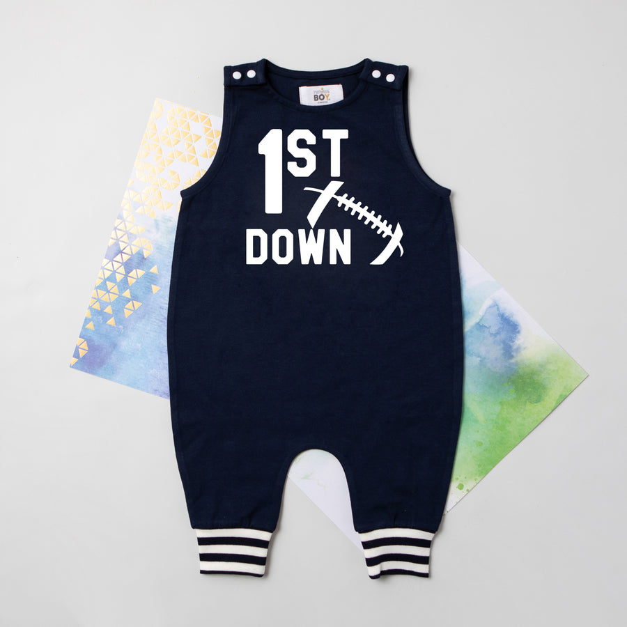 1st Down Football Personalized Striped Cuff Romper