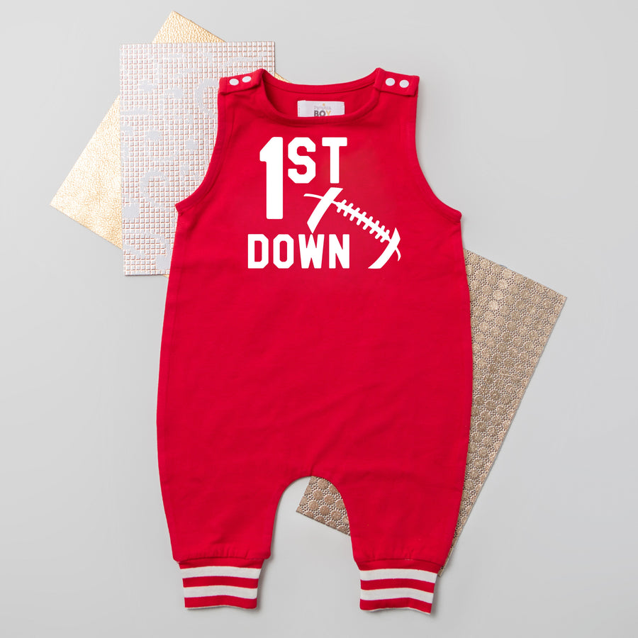 1st Down Football Personalized Striped Cuff Romper
