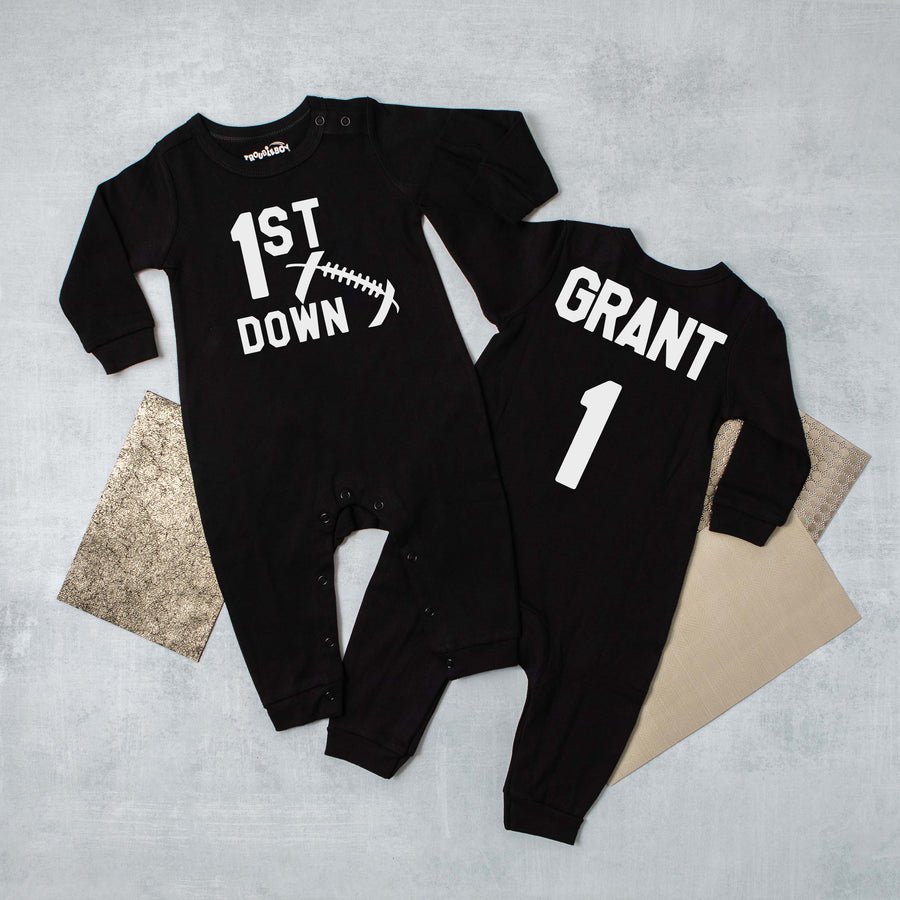 1st Down Football Long Sleeved Personalized Romper