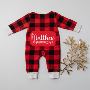 Christmas 2023 Personalized Red and Black Buffalo Print Romper