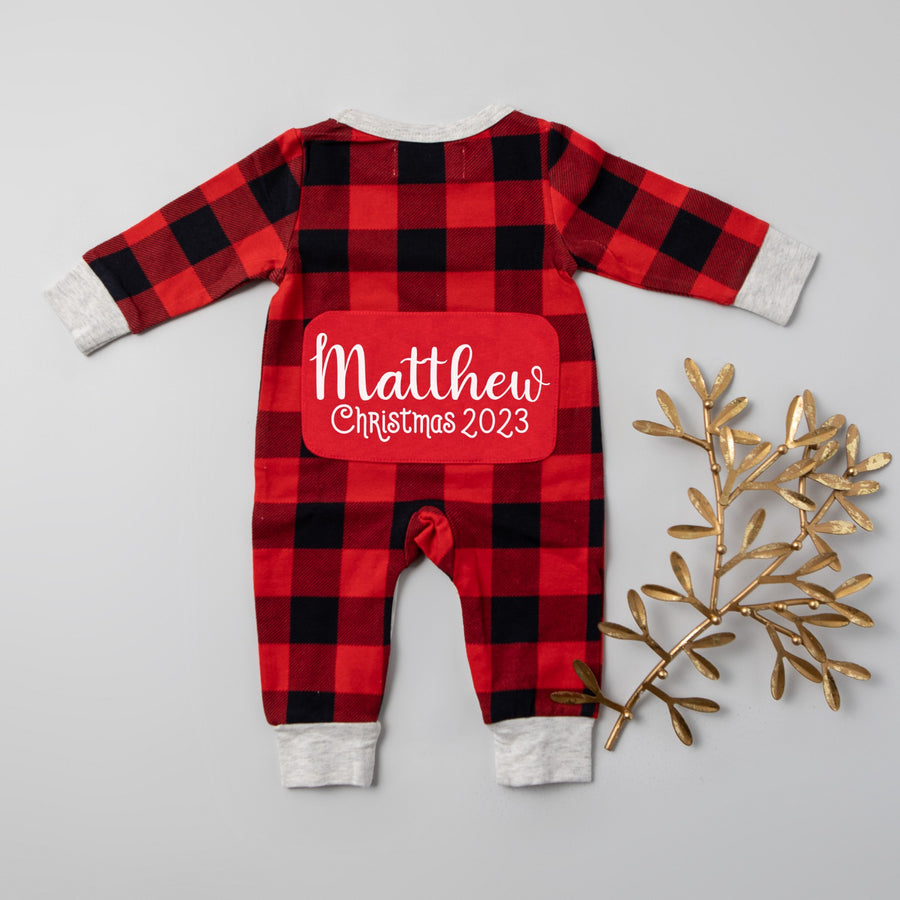 1st Christmas Personalized Red and Black Buffalo Print Romper