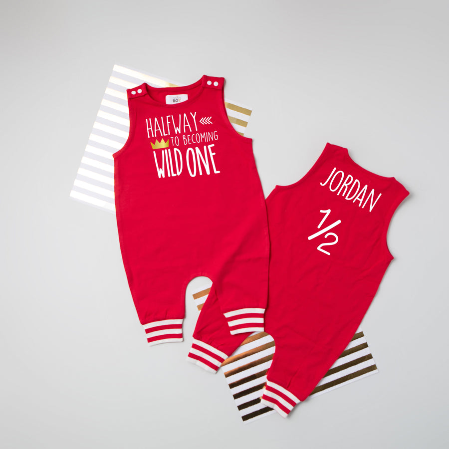 "Halfway To Becoming Wild One" 1/2 Birthday Romper with Striped Cuff