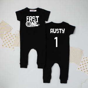 "Fast One" Racecar-themed Slim Fit 1st Birthday Short Sleeve Romper