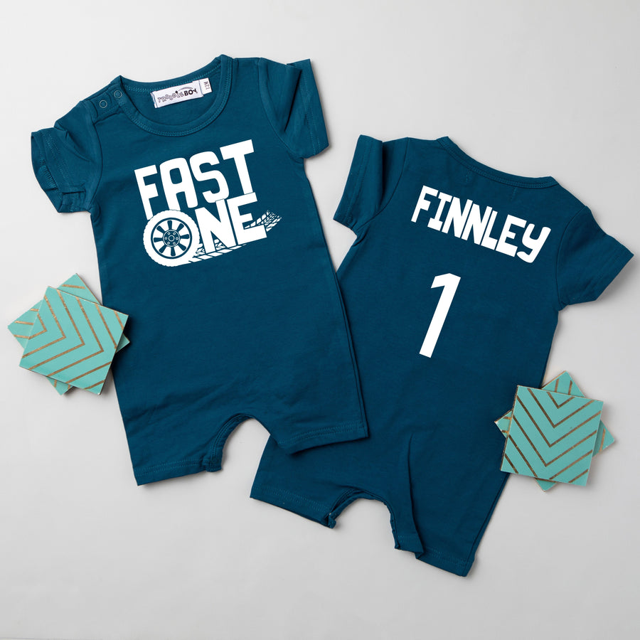 "FAST ONE" Tire Track Racecar Themed First Birthday Personalized Romper with Shorts