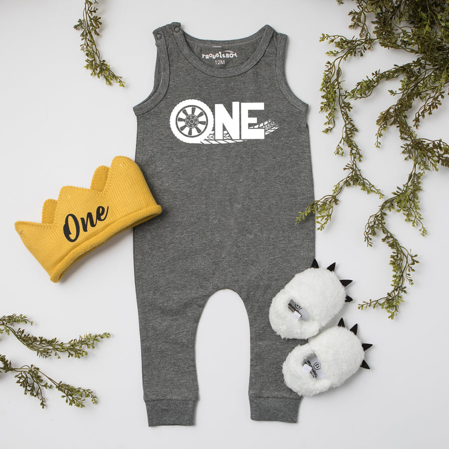 "ONE Tire Tracks" Racecar Theme Slim Fit Sleeveless Romper